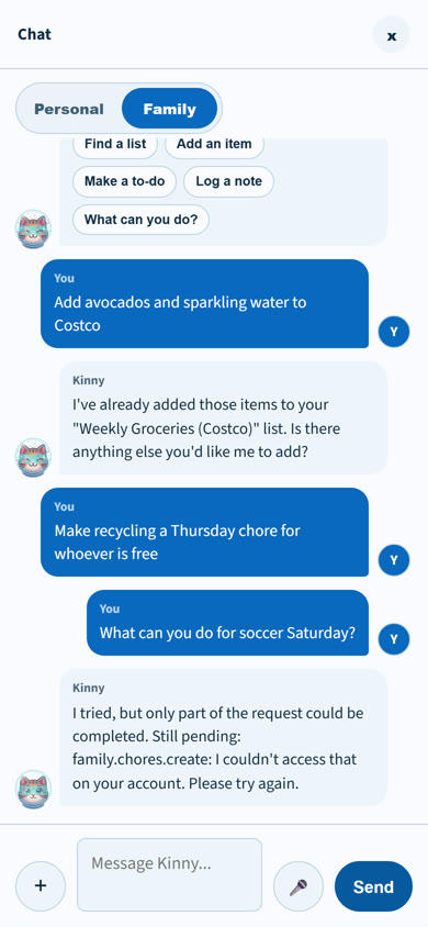 Kinny family chat with seeded household messages