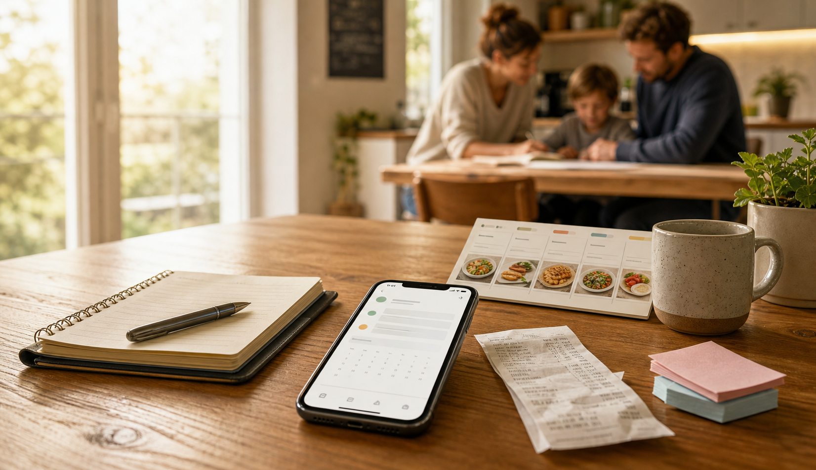 Kitchen table with a phone, notebook, receipt, and meal planning